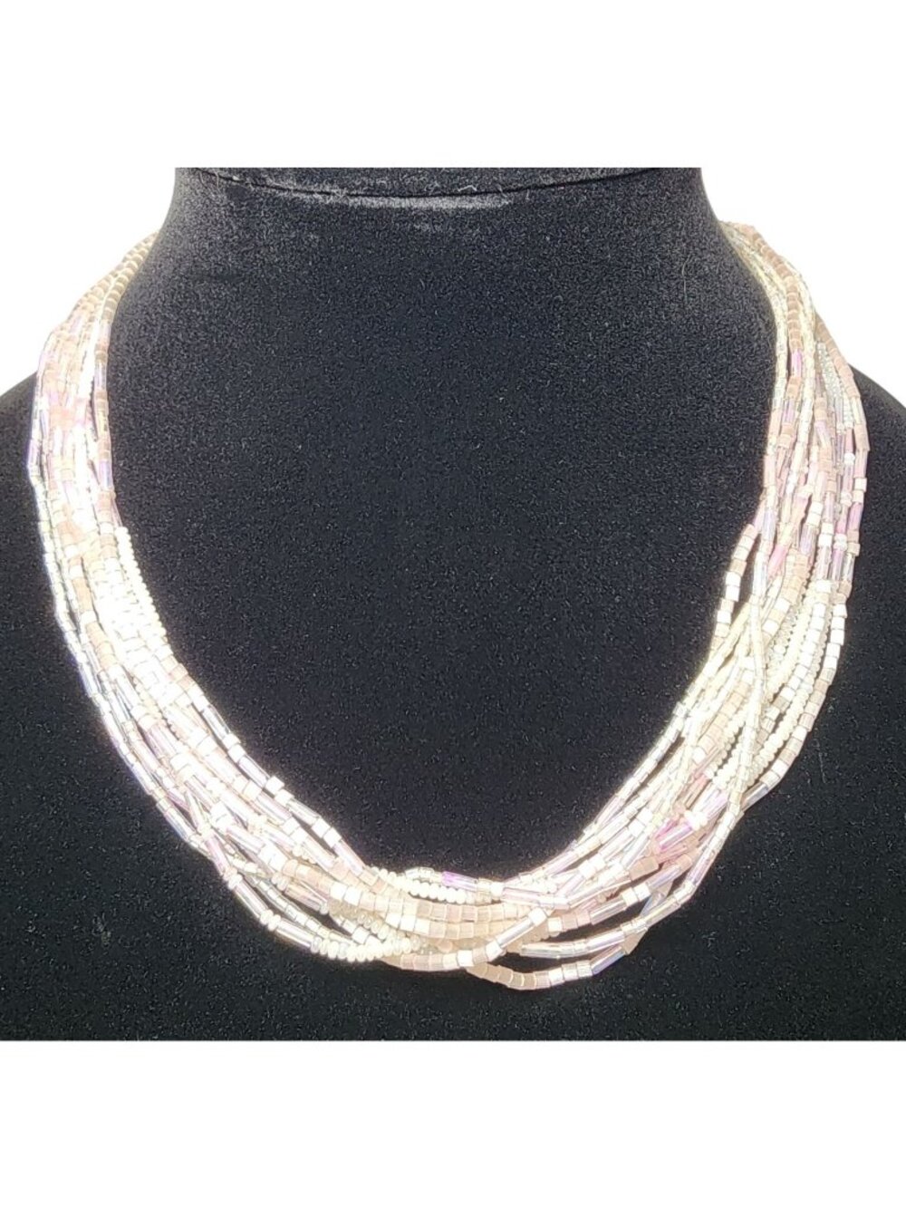Vintage Pink Iridescent White Seed Beaded Multi Strand Necklace Jewelry